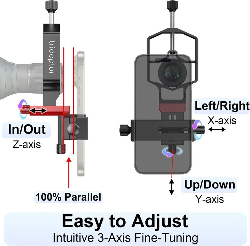 MOVE-SHOOT-MOVE tridaptor - Universal Digiscoping Adapter | High-Precision Phone to Telescope 3-Axis Metal Holder Mount for Spotting Scope Monocular Microscope|Fits 2.4" Eyepiece Max&Most Cell Phone Camera - Image 2
